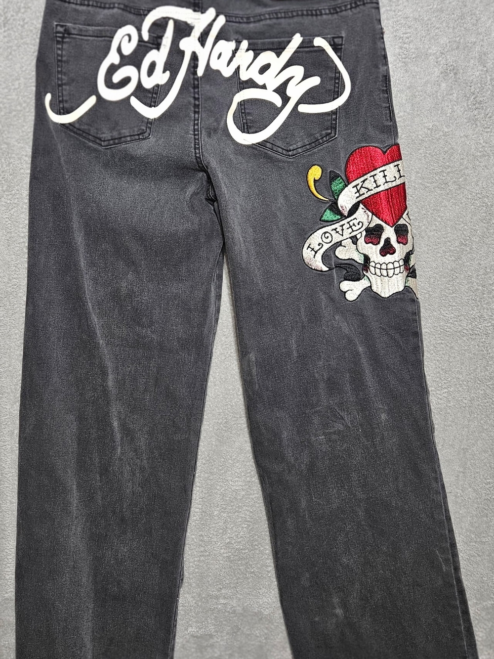 Ed Hardy Wide Leg Jeans Black Love Kills Slowly Heart Skull Skater Women's 30